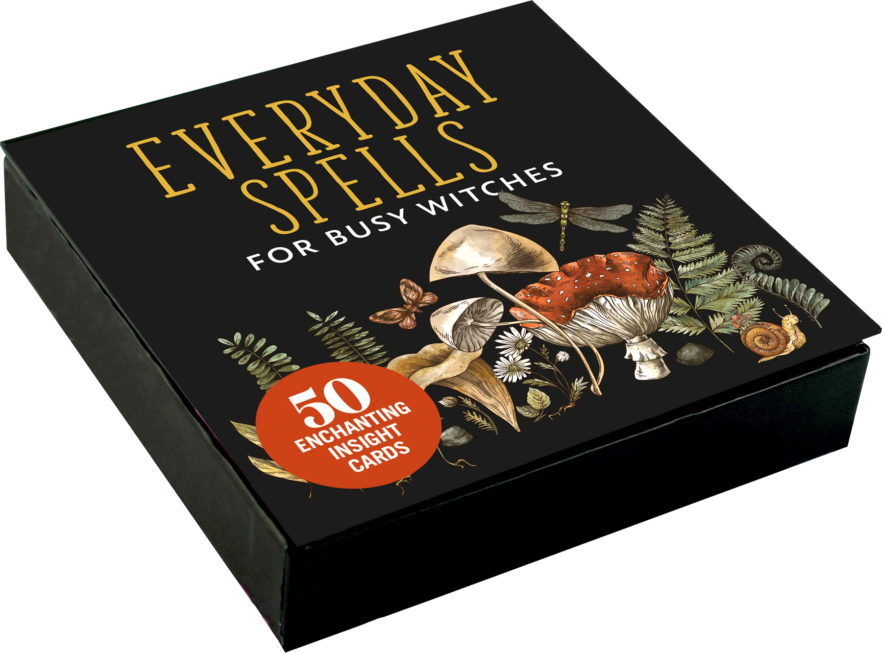 Card box with 'Everyday Spells for Busy Witches' and mushroom design on a black background