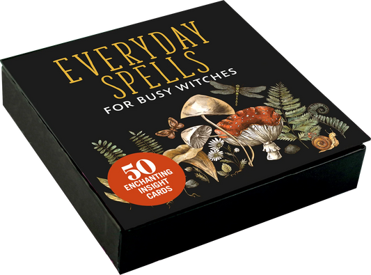 Card box with 'Everyday Spells for Busy Witches' and mushroom design on a black background