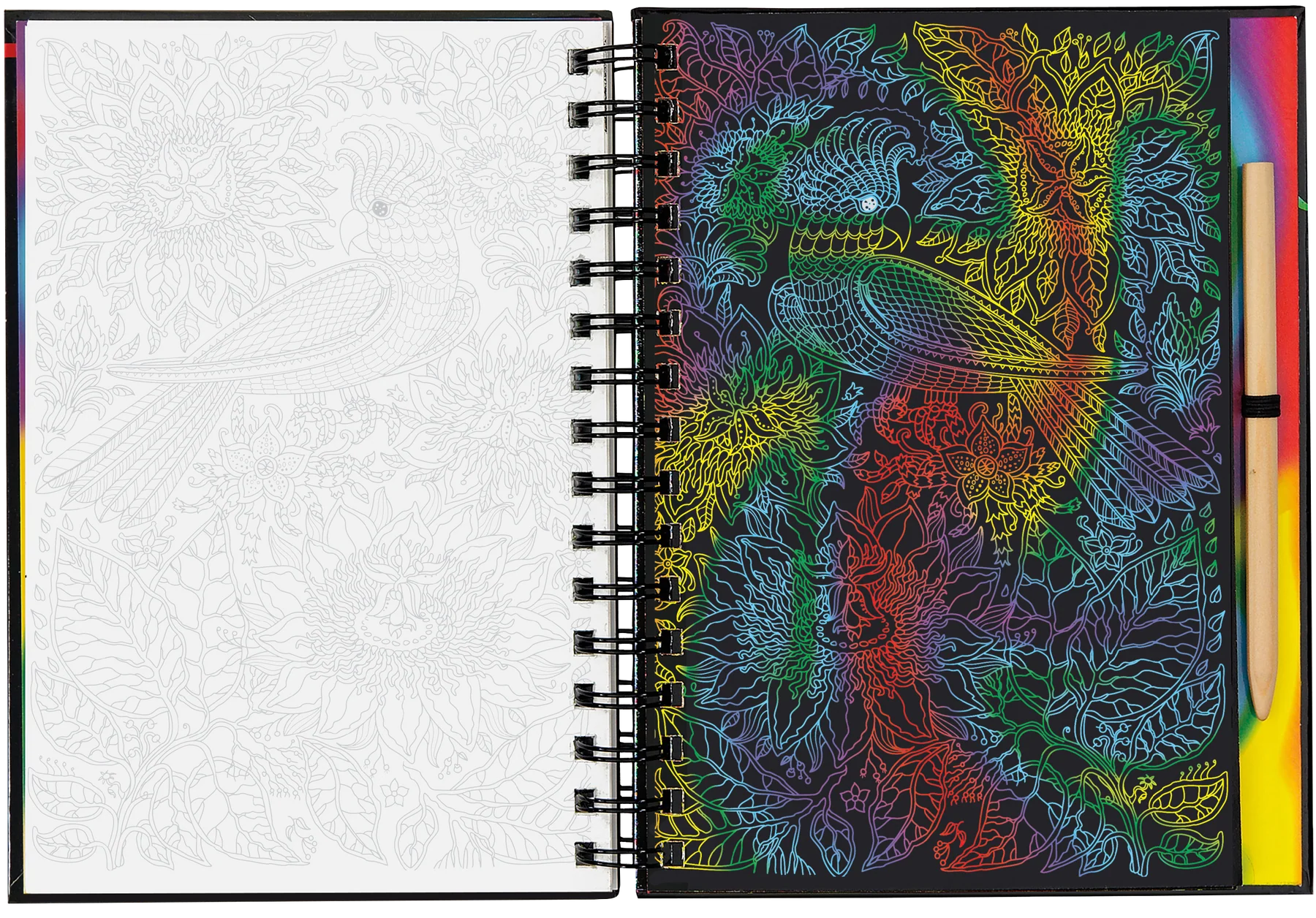 scratch and sketch book with colorful paisley and parrot design on cover and white interior pages.