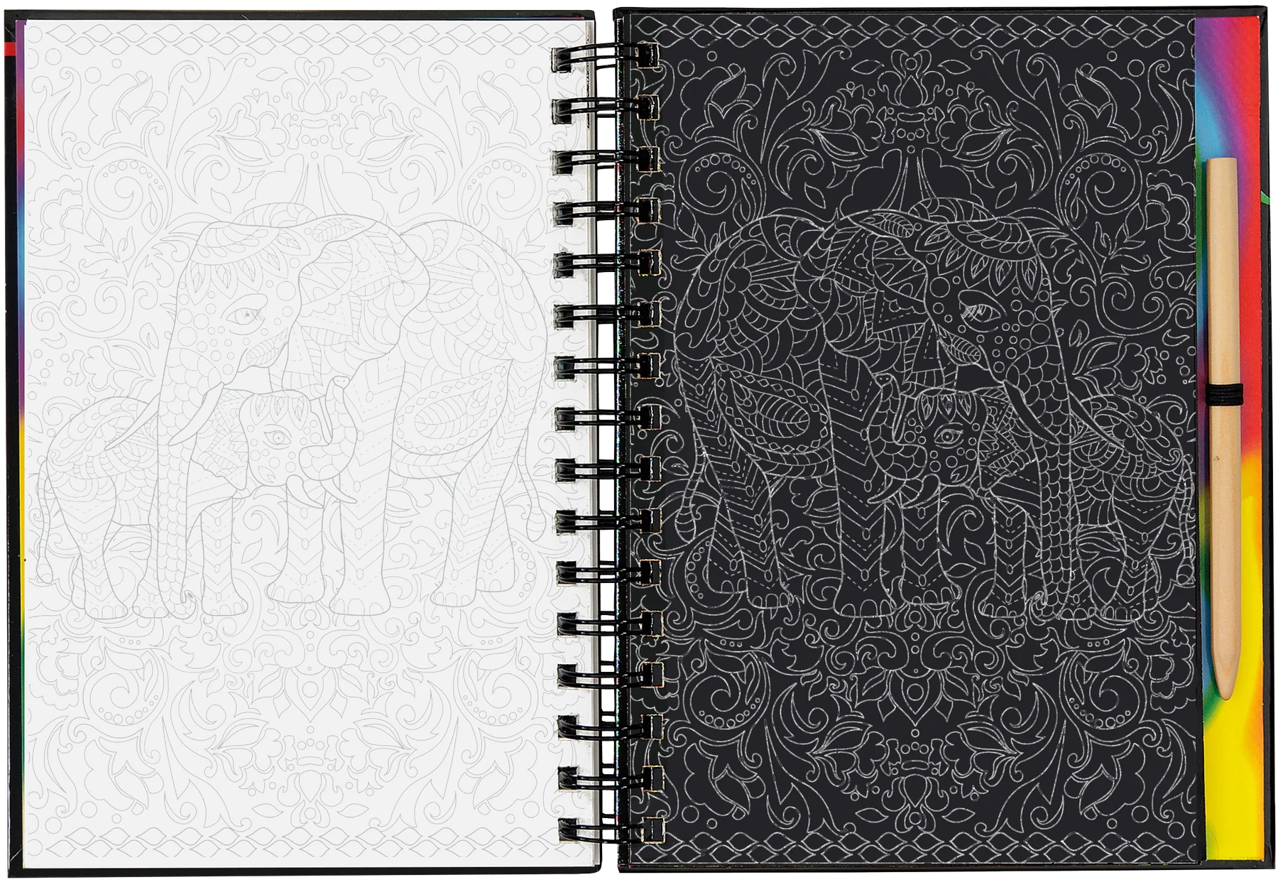 scratch and sketch book with elephant  interior pages and black decorative cover