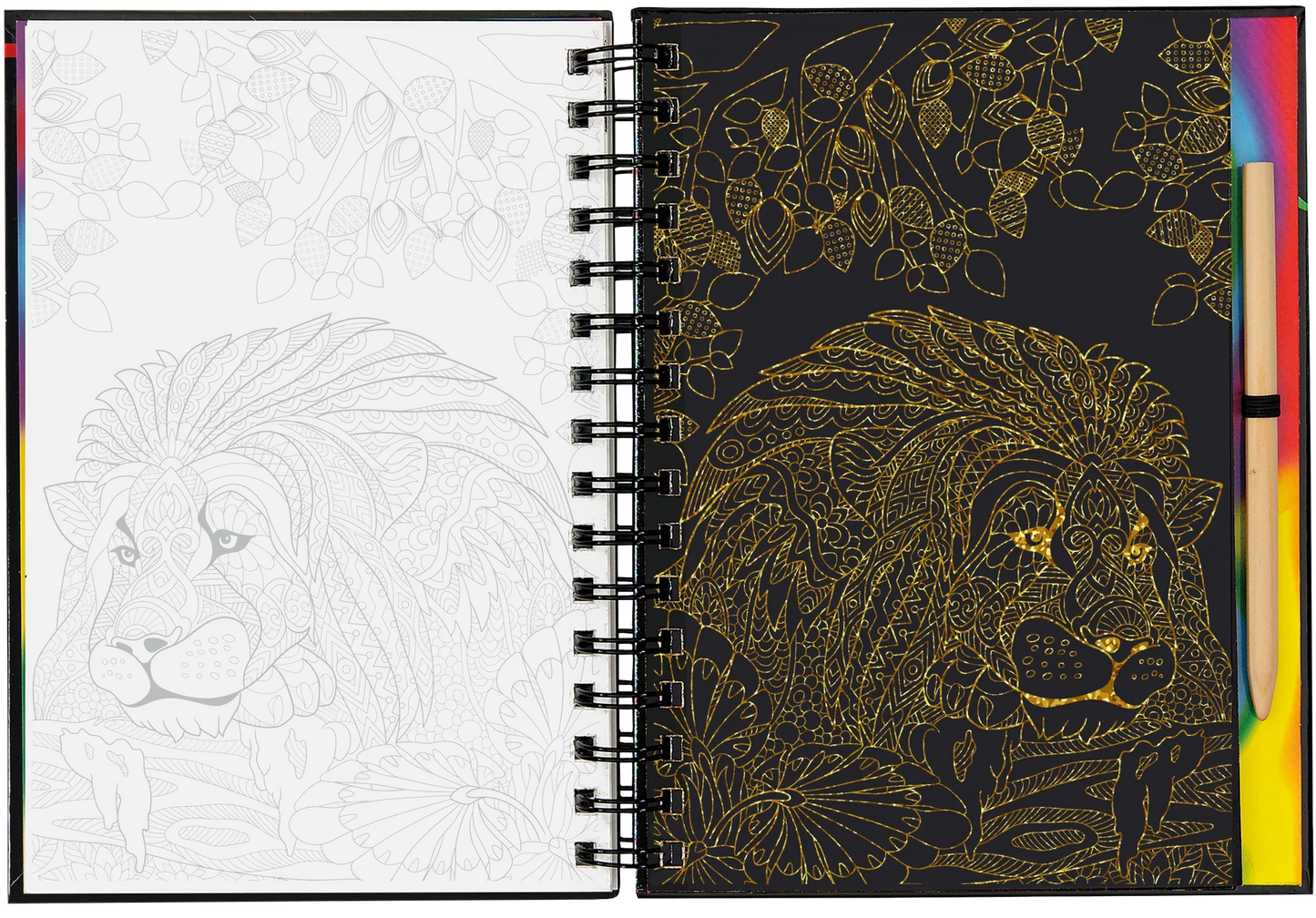 Coloring book with a lion design on one page and white pages for coloring on the other.