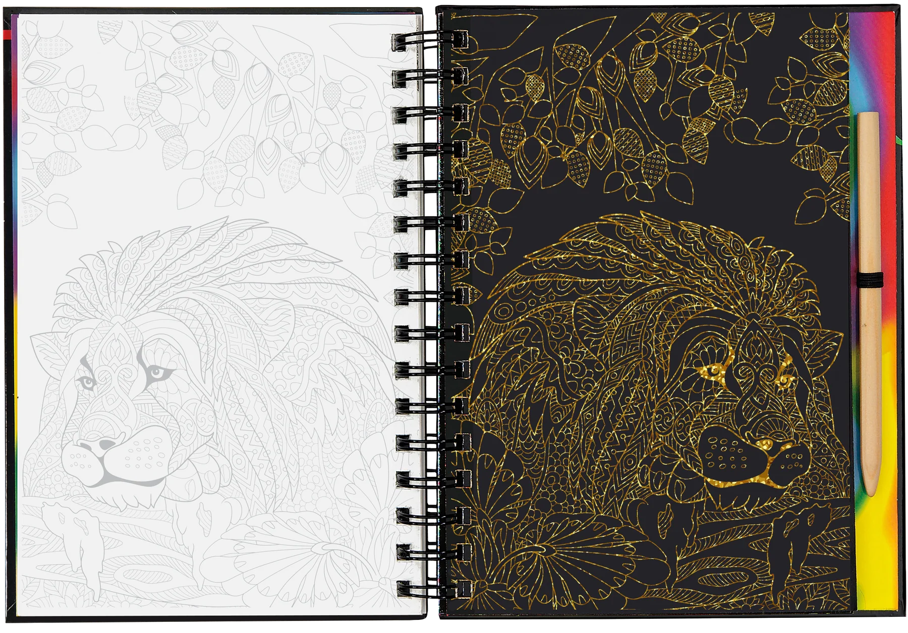 Coloring book with a lion design on one page and white pages for coloring on the other.