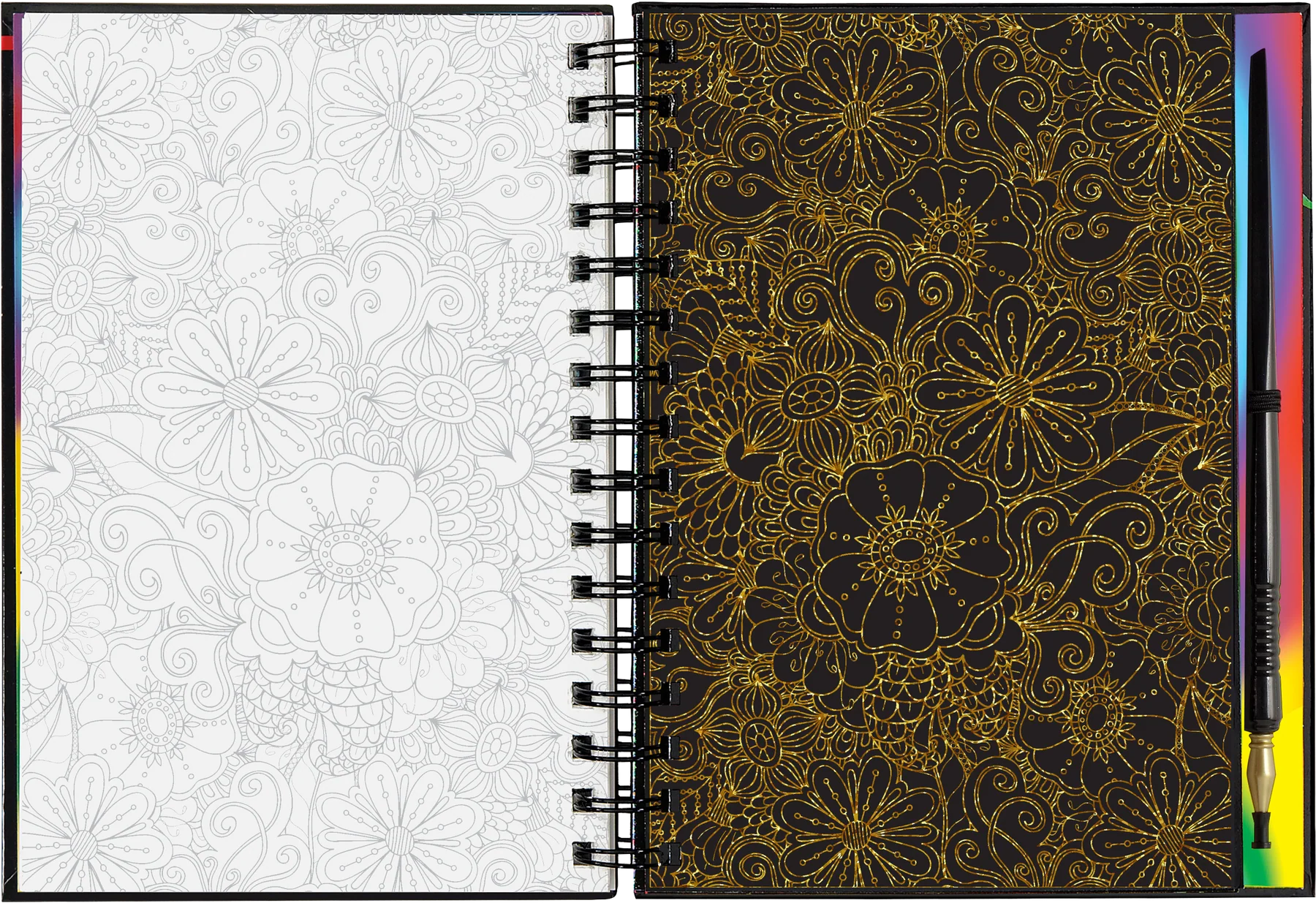 Spiral-bound notebook with floral design on cover and white lined pages, accompanied by a pencil.