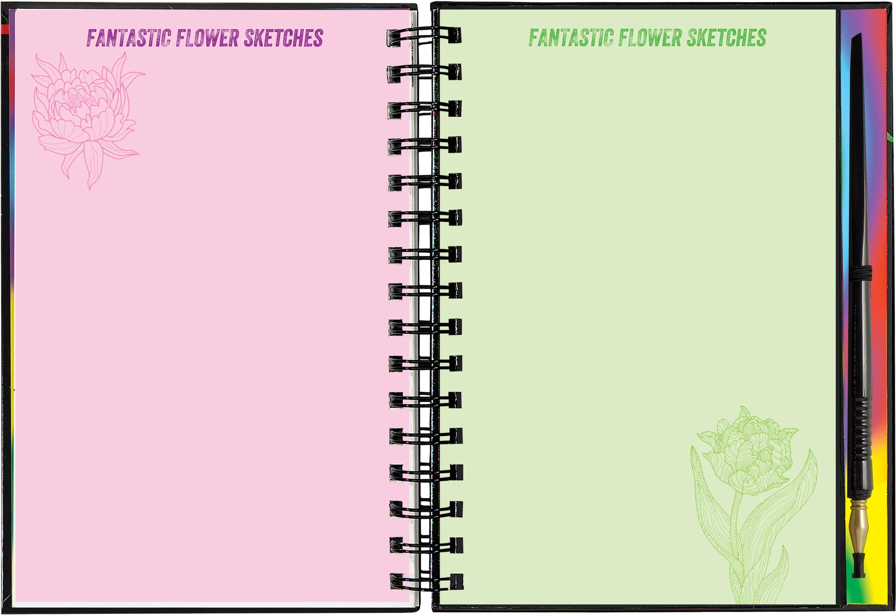 Spiral-bound activity book with pink and green covers featuring flower  designs sketches and stylus.