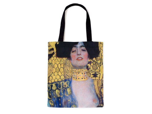 Tote bag with a design inspired by Gustav Klimt's artwork on a white background