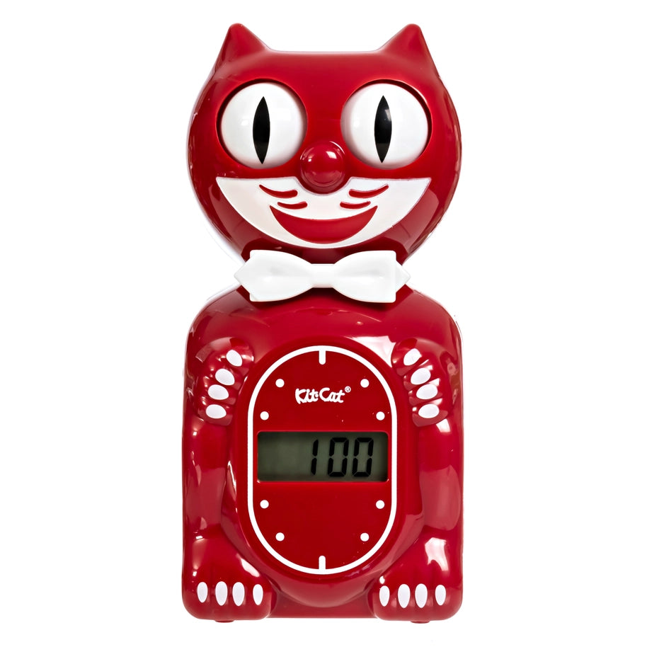 Red cat-shaped timer with digital display on a white background