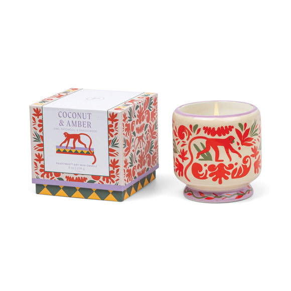 Candle- Adopo Handpainted  Ceramic  Jungle - Coconut&Amber 8oz