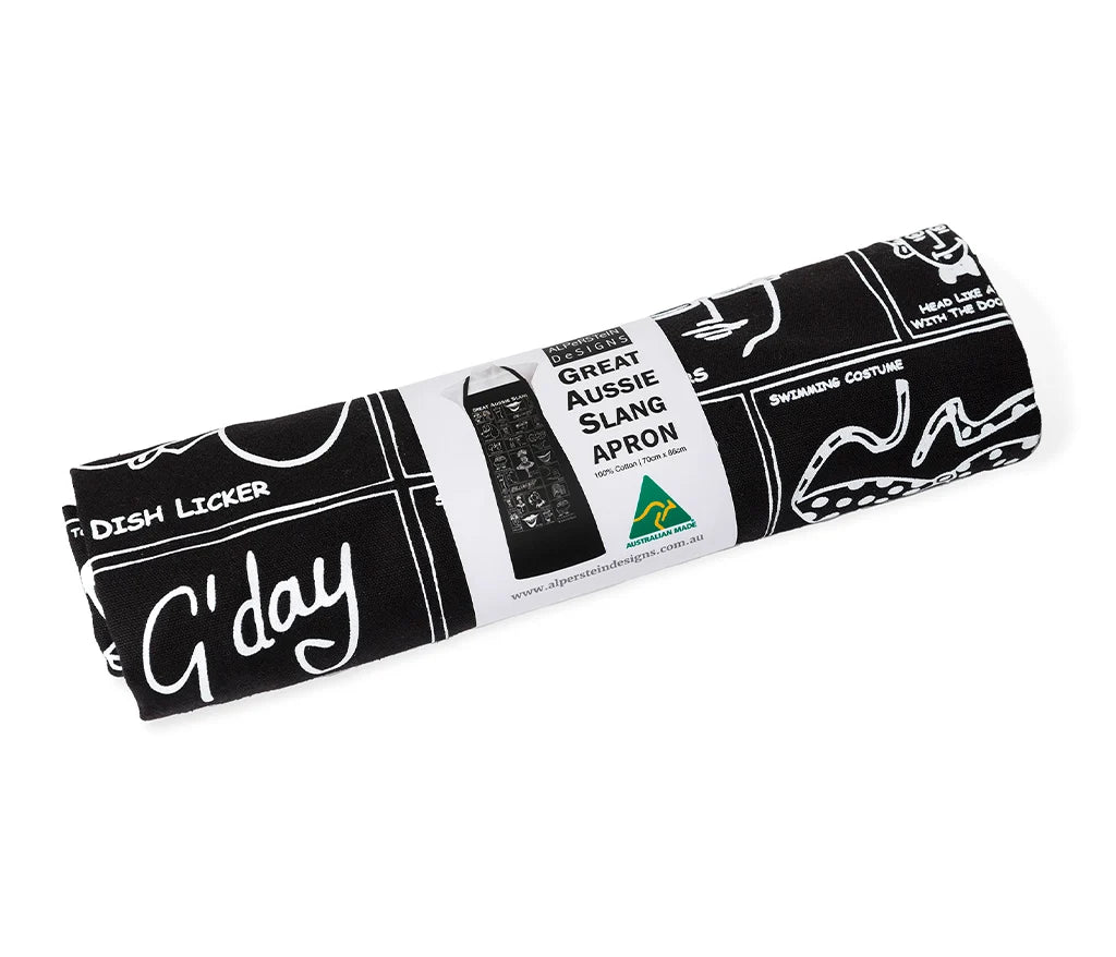 A black rolled apron with the word G'day in the left bottom corner and text which reads: Great Aussie Slang apron on a white background.