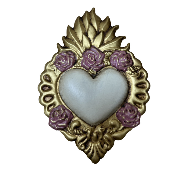 Mexican tin heart wall decoration- Beige,gold and pink flowers(20x14cm)