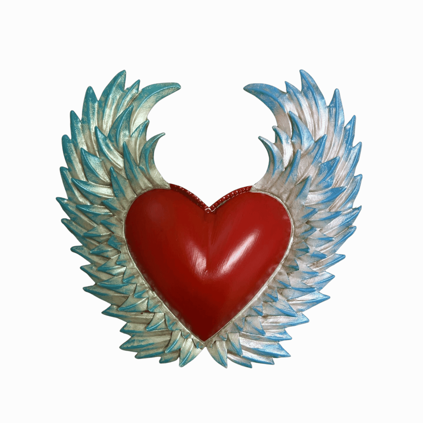 Heart-shaped Mexican wall decor with blue painted wing tips on a white background