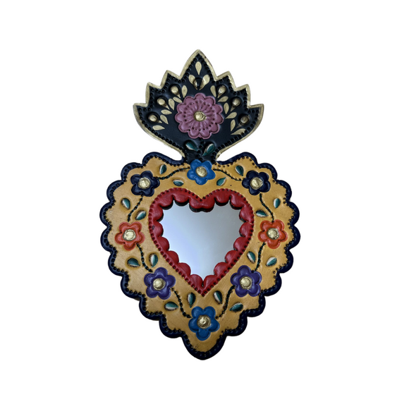 Mexican handpainted tin heart and flowers mirror (19x10cm)