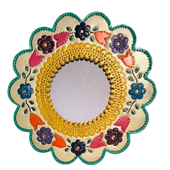 Mexican  circular flower mirror with multicolour detail 20cm