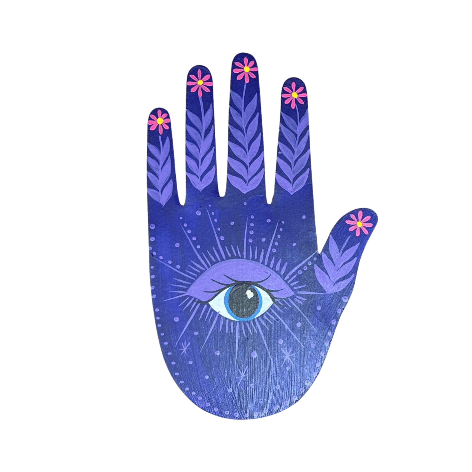 Purple hand with eye and floral designs on a transparent background