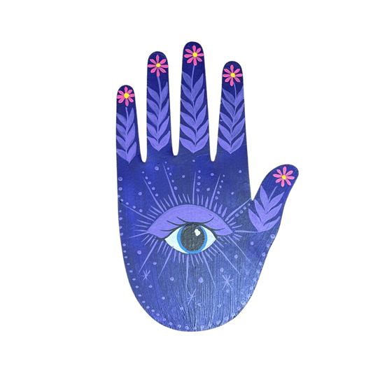 Purple hand with eye and floral designs on a transparent background