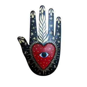 Mexican black  healing hand with heart and seeing eye and gold details