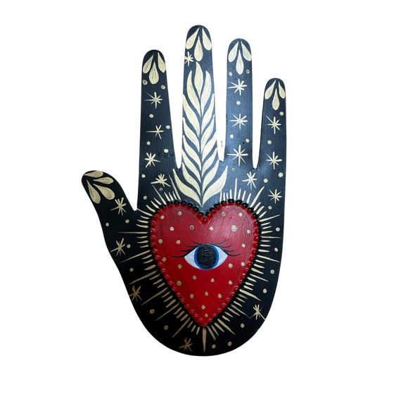 Mexican black  healing hand with heart and seeing eye and gold details