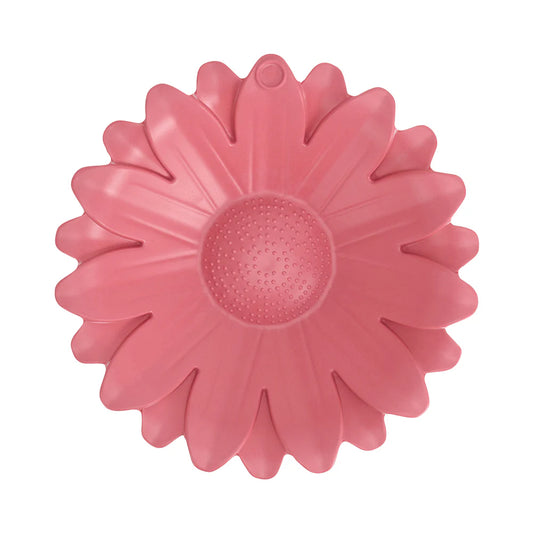 Pink flower-shaped bamboo bird bath on a white background