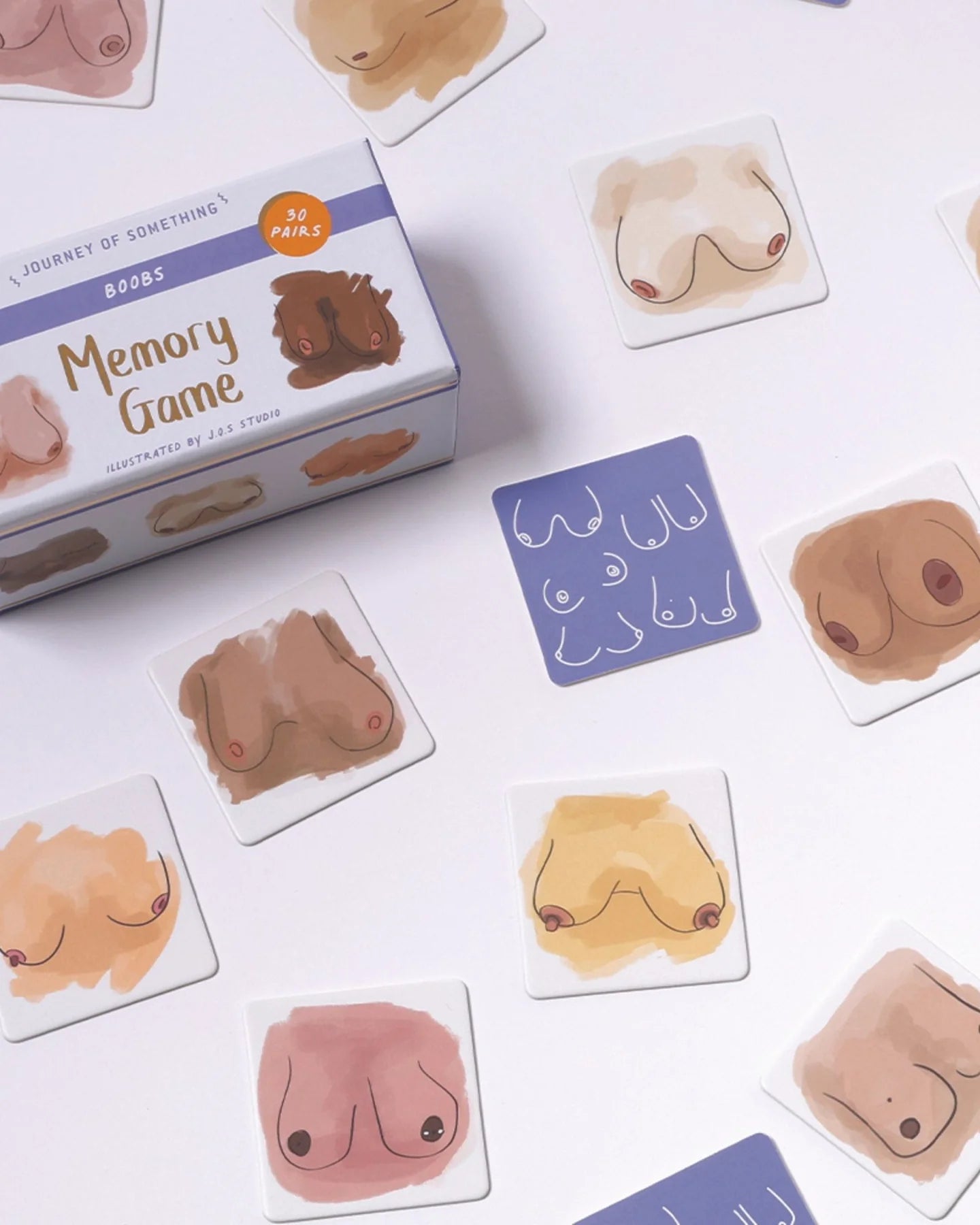 Memory game with illustrated body parts on cards and packaging.