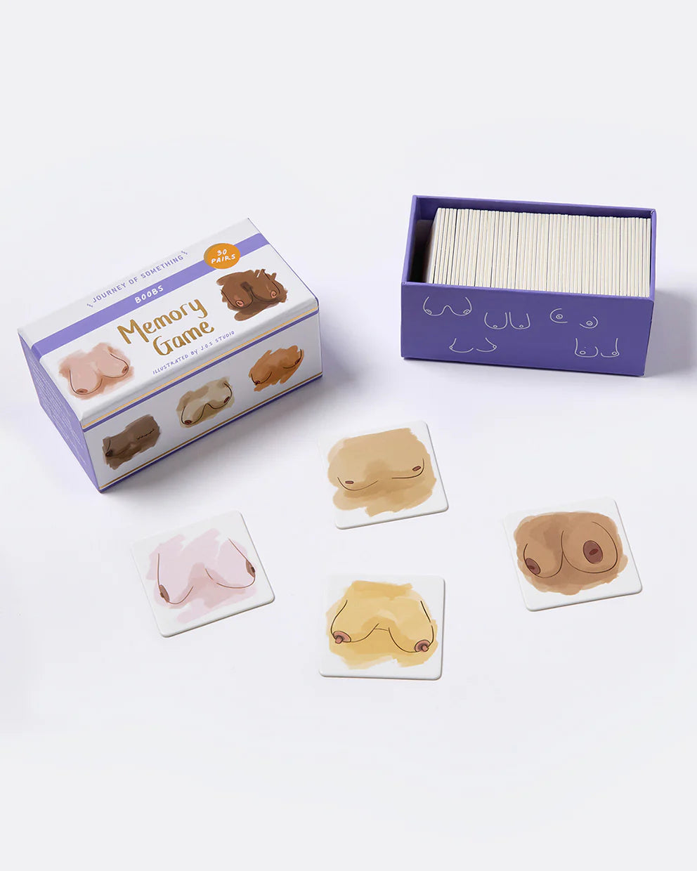 Memory game with boobs-themed cards and packaging on a white background