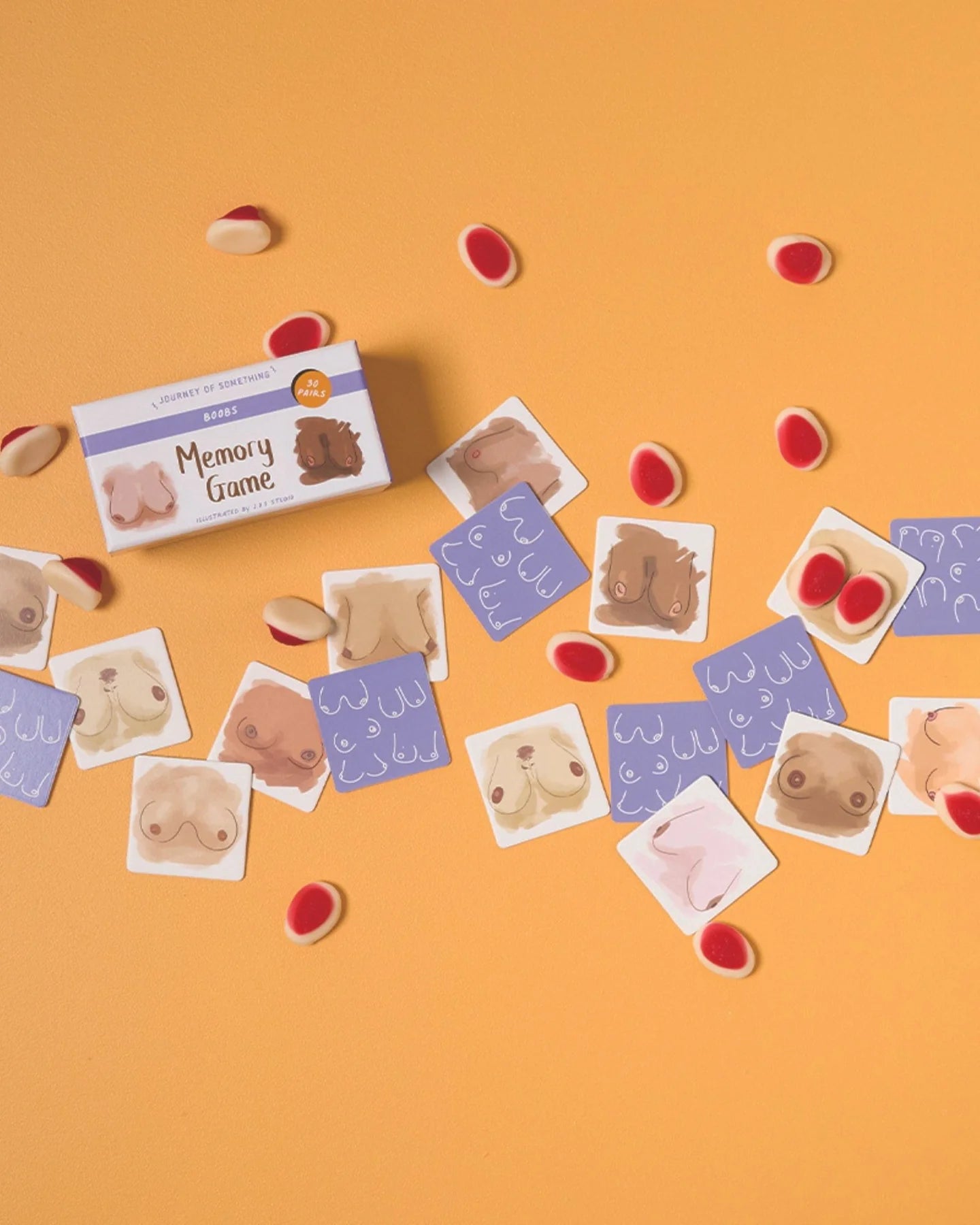 Memory game cards with breast illustrations on a yellow background