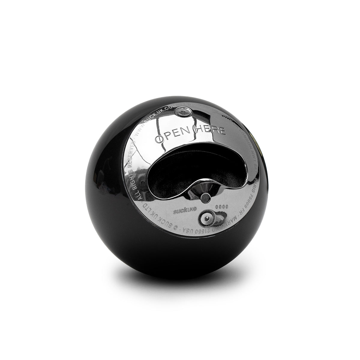 The back view of the eight ball is a bottle opener on a white background.