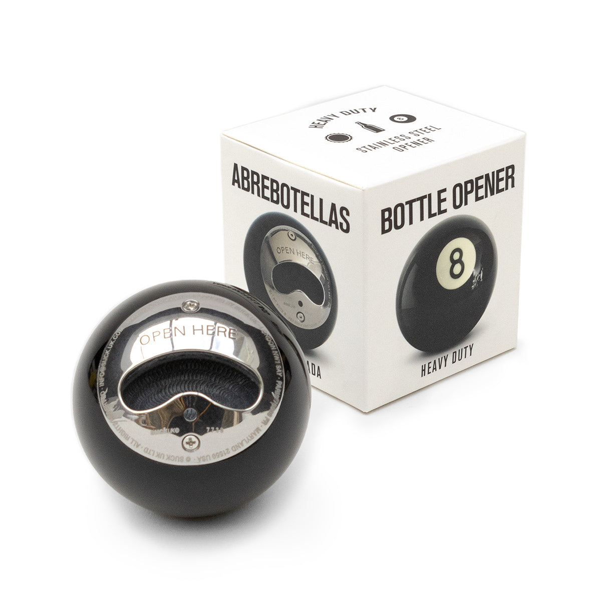 A bottle opener in the shape of an 8 ball  and a box that reads: Bottle opener on the white background.