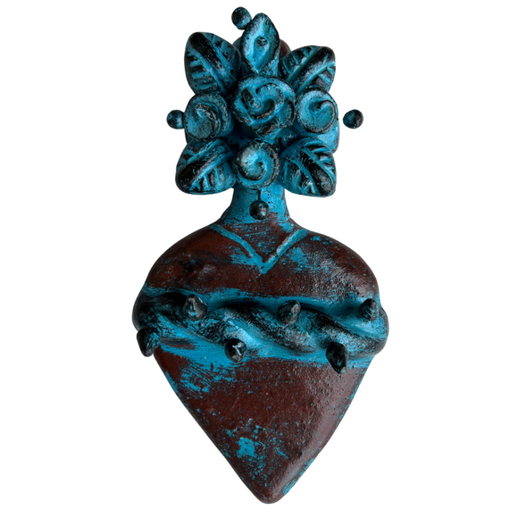 Mexican handmade clay wall decoration- Turquoise sacred heart with flowers(23x13cm)