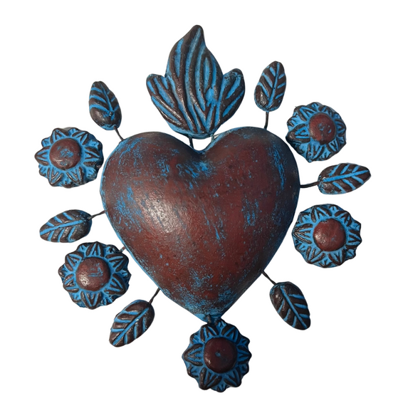 Clay Mexican heart wall hanging with flame and flowers(19cm)