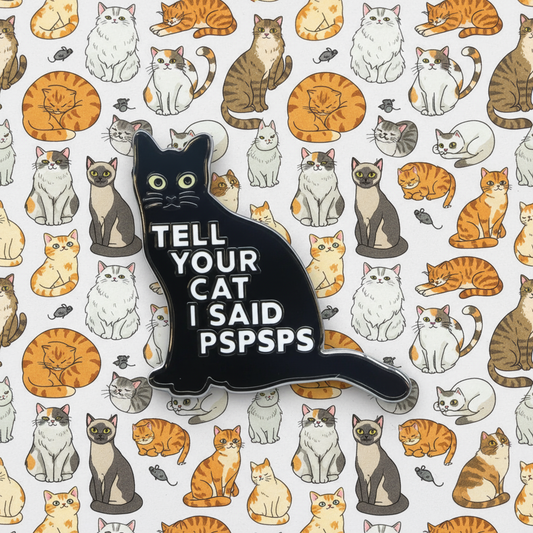 Black cat-shaped enamel pin with text on a background of cartoon cats of different breeds.