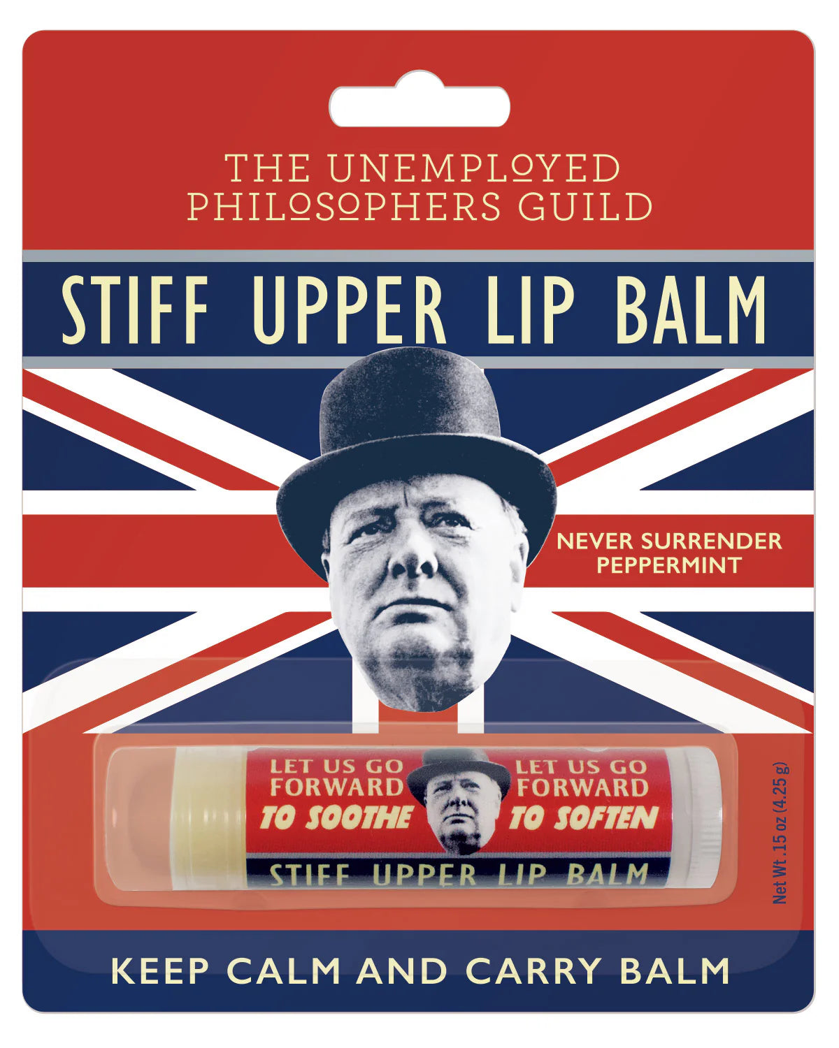 Stiff Upper Lip Balm packaging with a Union Jack design and a portrait of a historical figure.