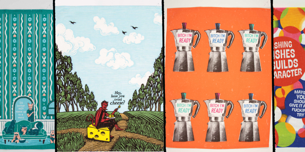 Collage of four dish towels with different designs and colors.