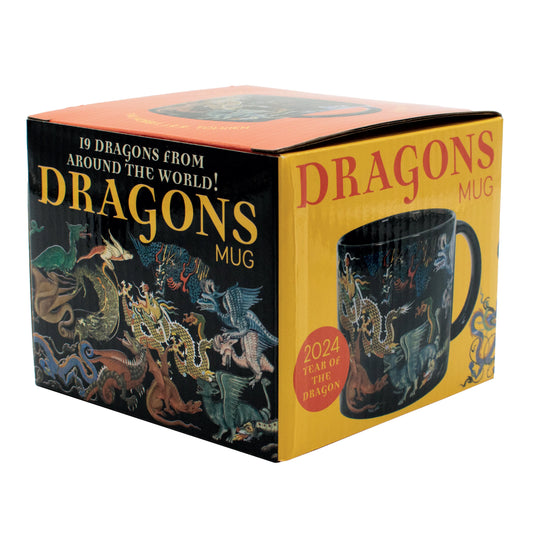 Box packaging of a dragon-themed mug with illustrations of dragons on a white background