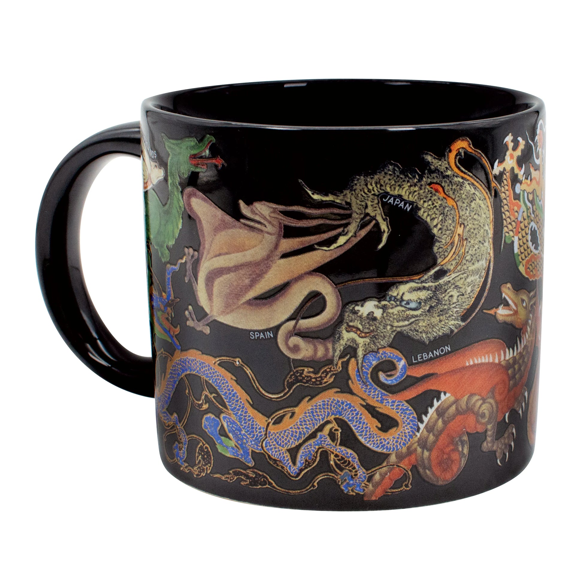 Black mug with colorful dragon design on a white background
