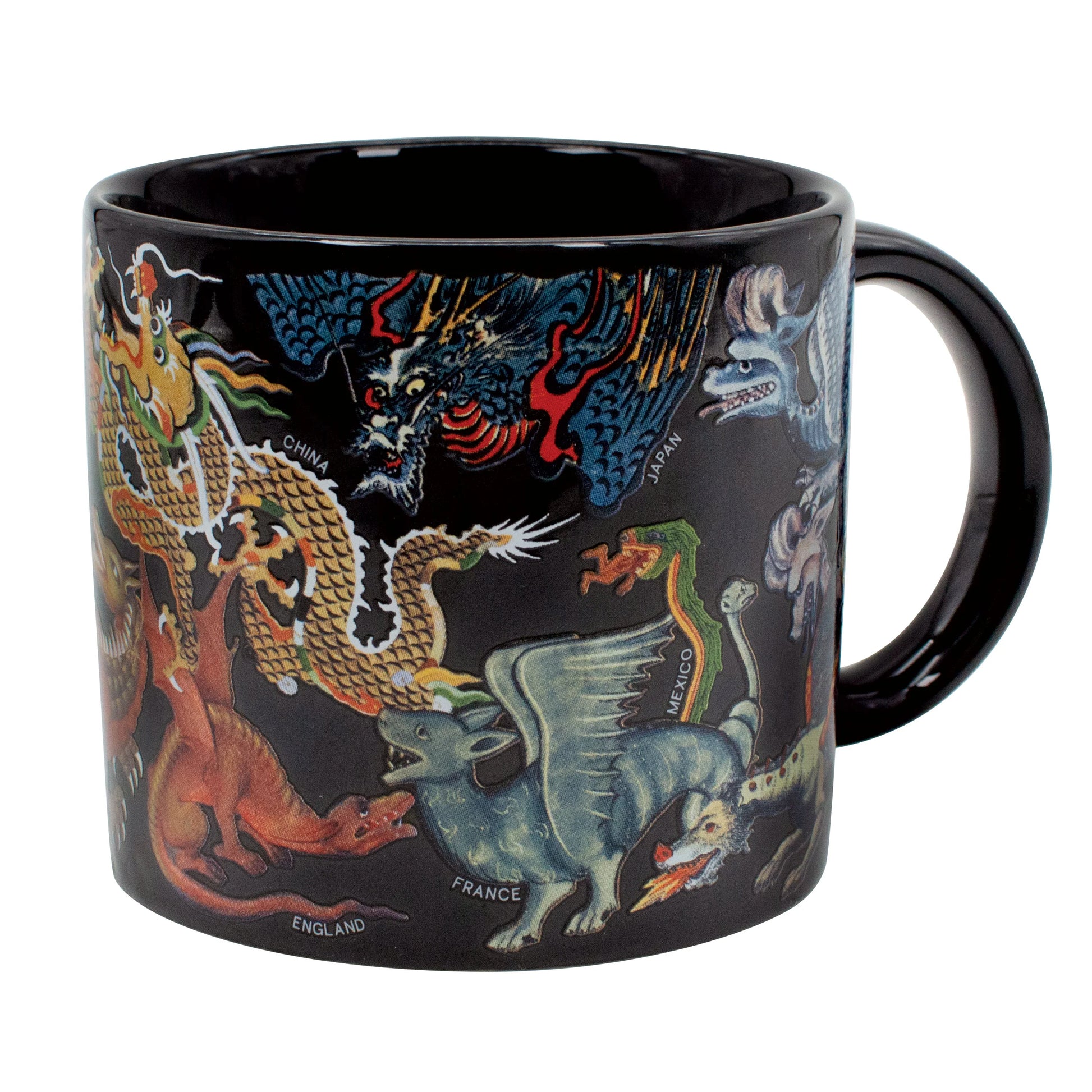 Black mug with colorful dragon designs from different countries on a white background