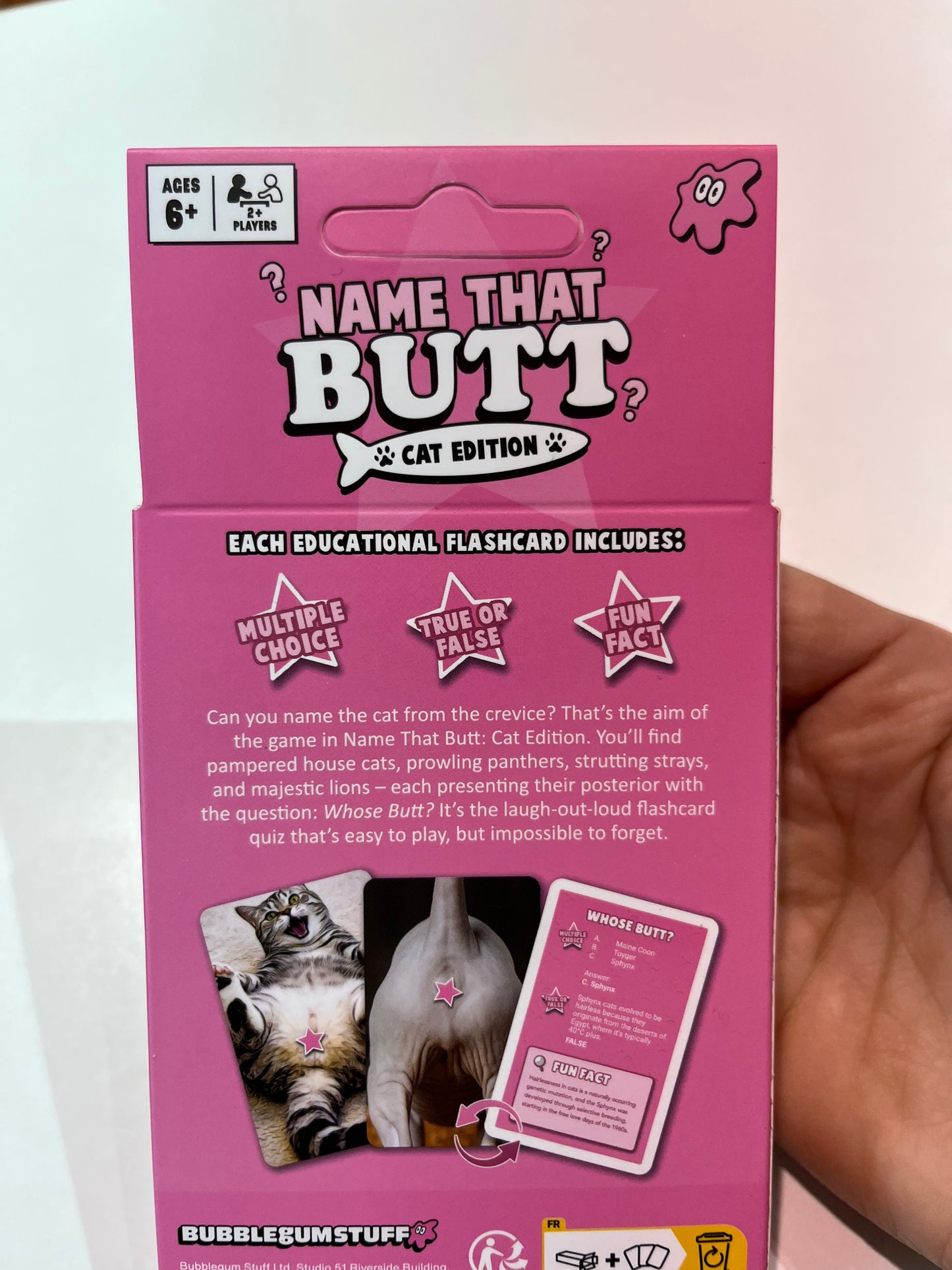 The retail packaging box for the 'Name That Butt Cat Edition' card game by Bubblegum Stuff, held by a hand against a plain white background.