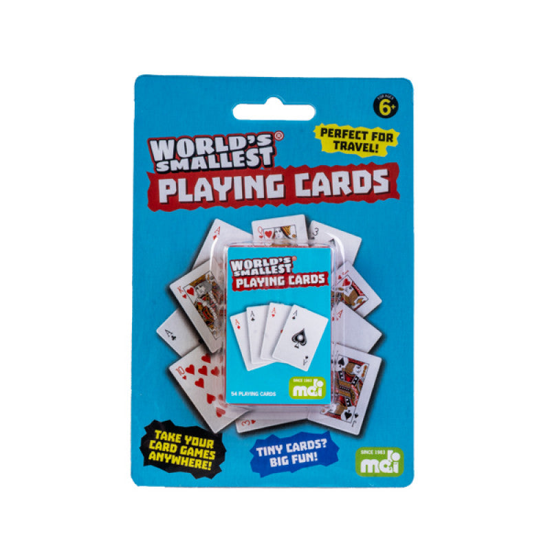 World's Smallest Playing Cards packaging with playing cards peeking out from the sides on a white background.
