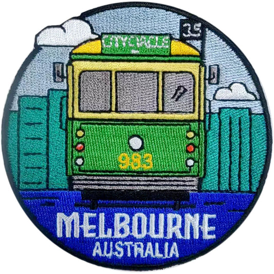 Embroidered patch of a green tram with 'Melbourne Australia' text on a blue background