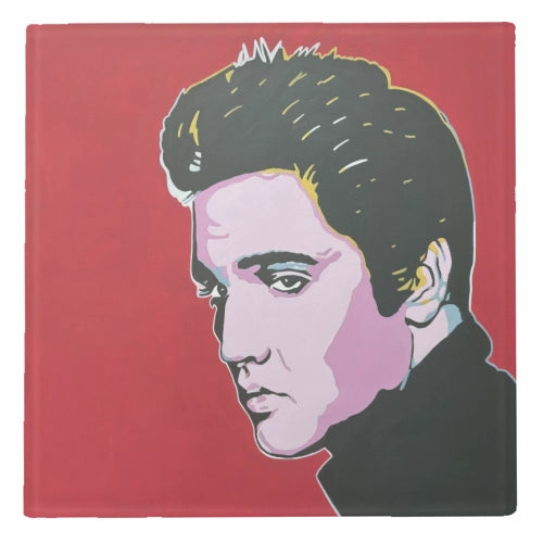 Red square lass coaster with a pop art style image of Elvis Presley