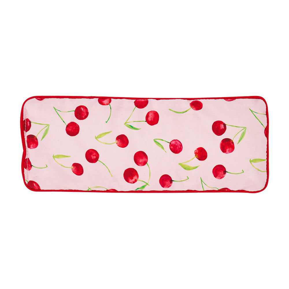Rectangular pink pouch with cherry pattern on a white background