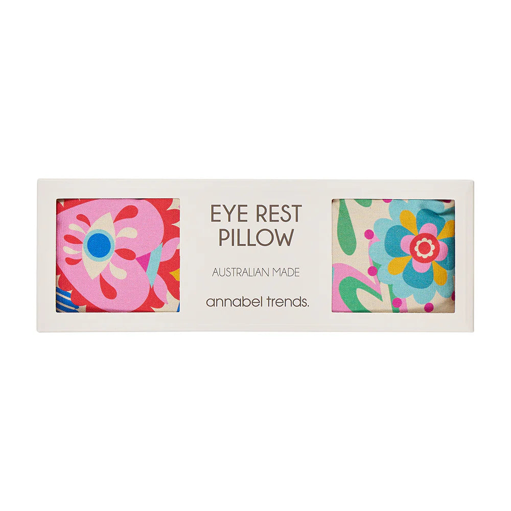 Eye rest pillow packaging with floral designs and 'annabel trends' branding on a white background