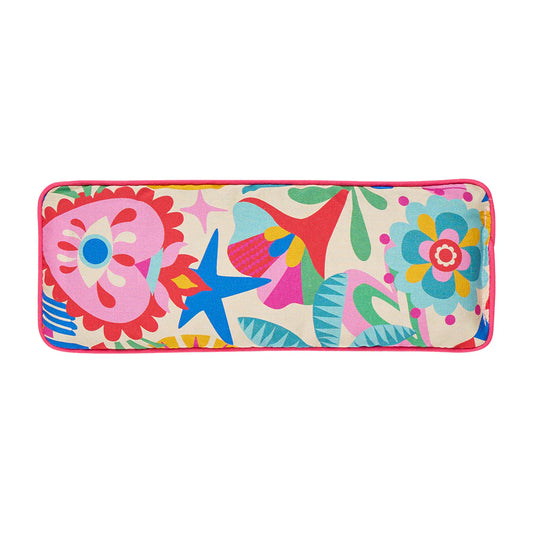 Colorful floral and abstract design on a rectangular pillow with a white background