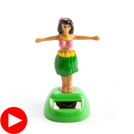 Toy figure of a hula dancer on a green base with a red play button icon.