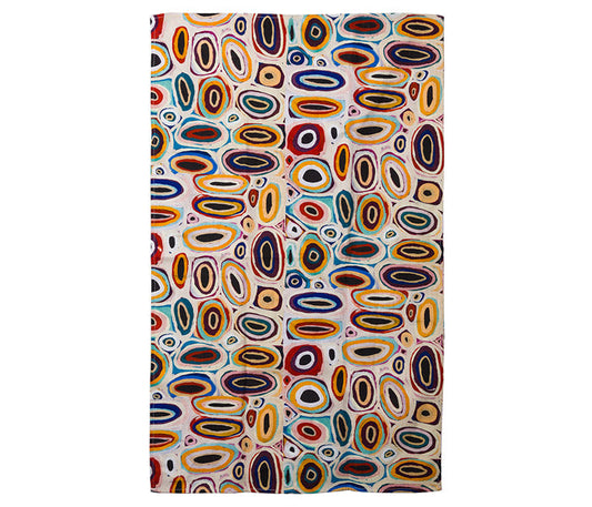 Teatowel- Australian indigenous art by Gladys Kuru Bidu on a white background.