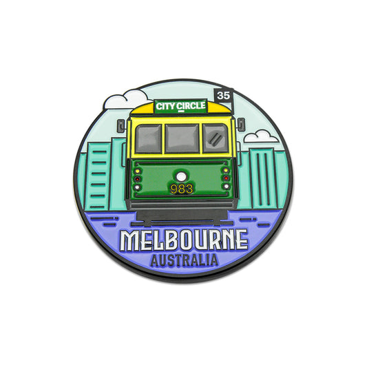Circular badge with a green Melbourne tram and 'City Circle' text on a white background