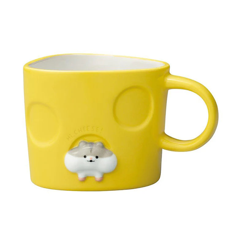 Yellow mug with a cute animal design on a white background