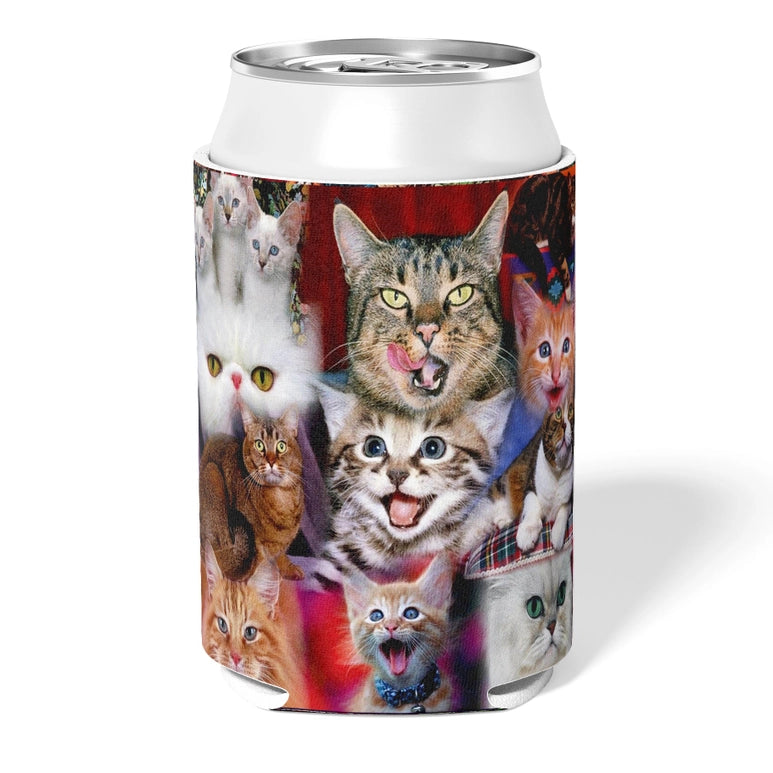 Can cooler with images of cats on a white background
