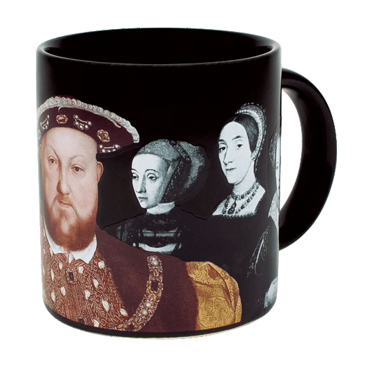 Black mug with historical figures on a white background