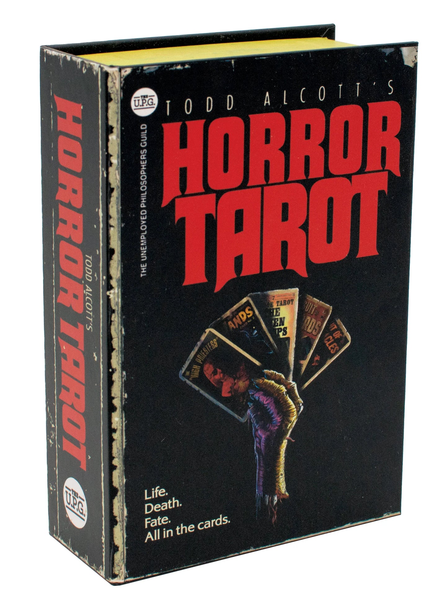 Box for Todd Alcott's Horror Tarot with red text and tarot card illustration.