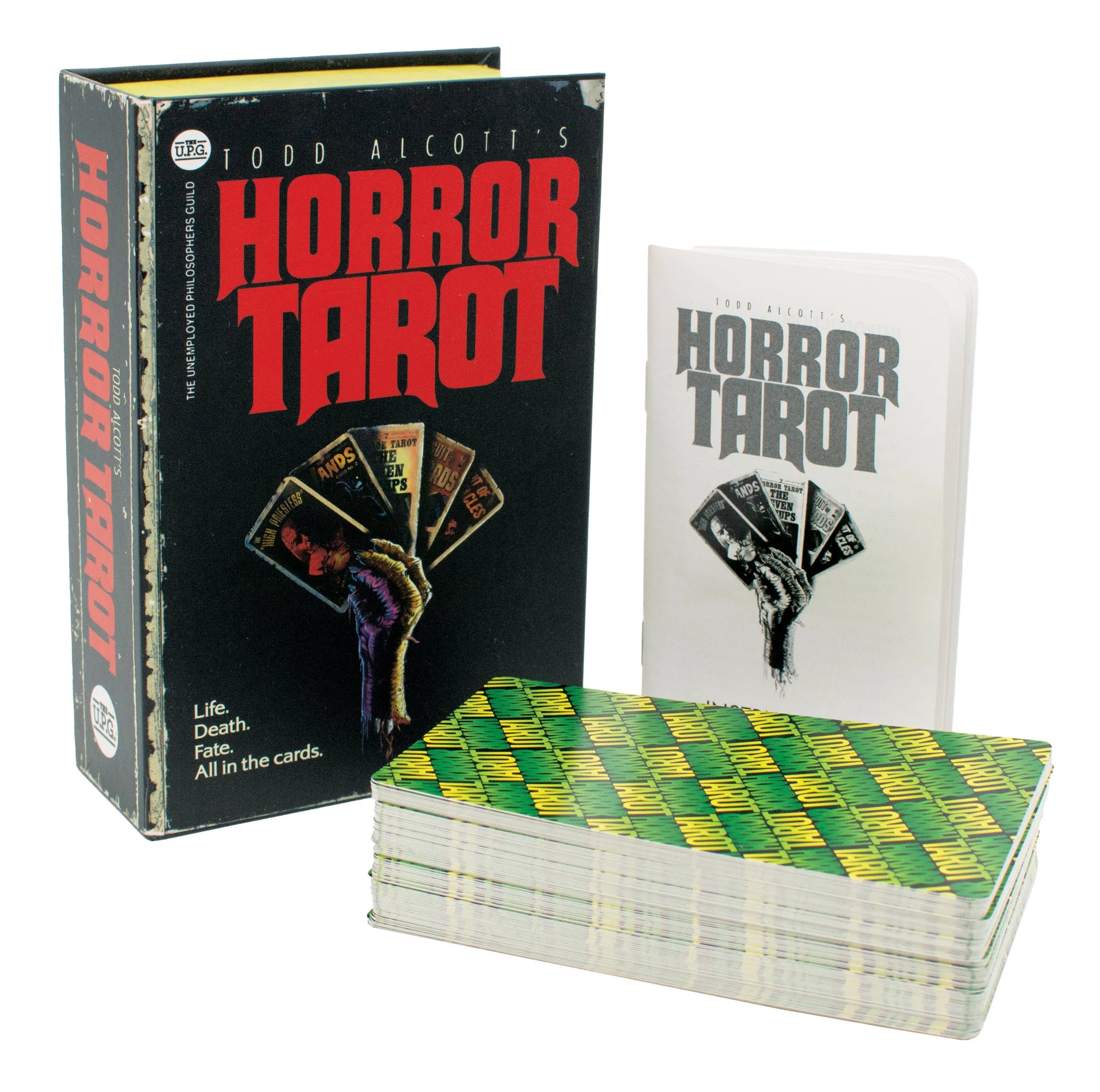 Horror Tarot card set with black and white box and cards on a white background