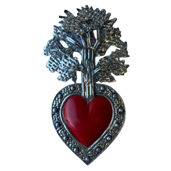 Mexican red heart wall decoration with silver tin work(22x12cm)